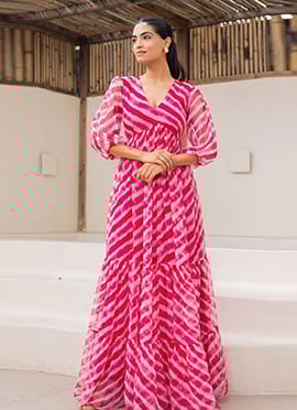 Pink Faux Georgette Digital Print Maxi Dress