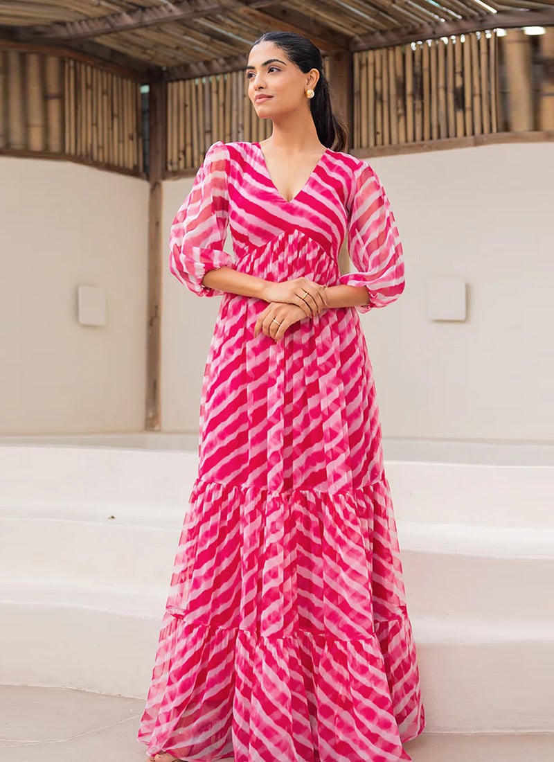 Pink Faux Georgette Digital Print Maxi Dress After Six Wear