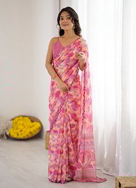 Pink Faux Georgette Digital Print Saree