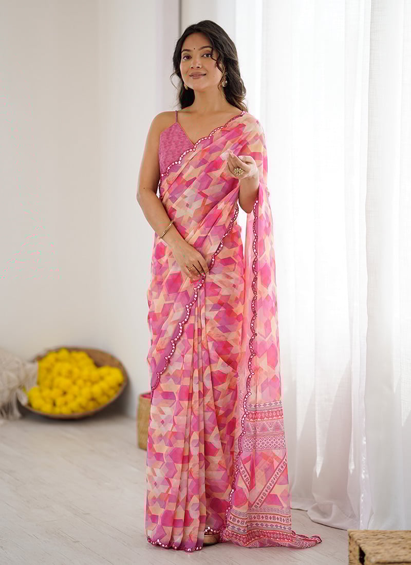 Pink Faux Georgette Digital Print Saree After Six Wear
