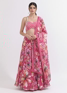 Pink Faux Georgette Digital Print With Zari Hand Embroidered Sequins Lehenga