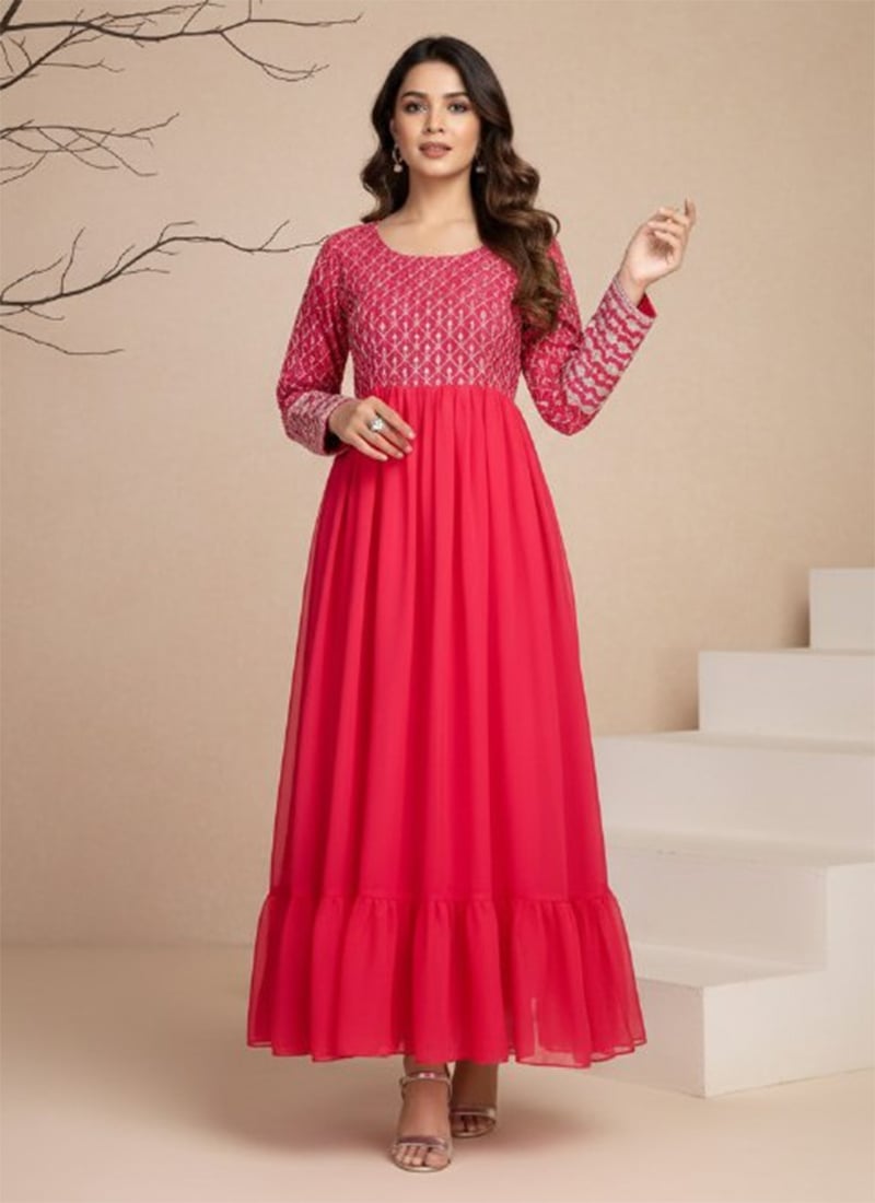 Pink Faux Georgette Embroidered Anarkali Gown After Six Wear
