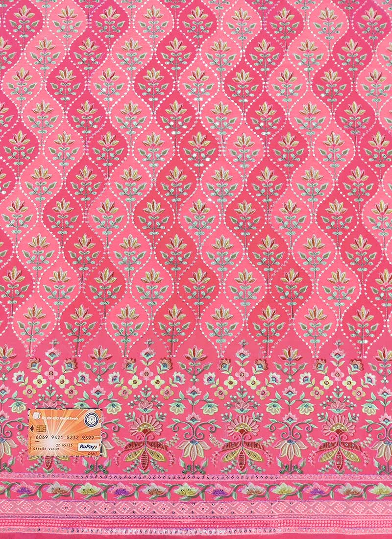 Pink Faux Georgette Embroidered Fabric