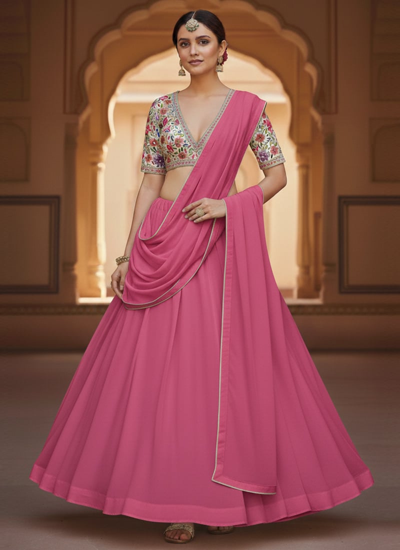 Pink Faux Georgette Embroidered Lehenga Festive Wear
