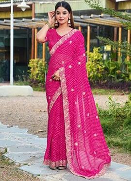Pink Faux Georgette Embroidered Leheriya Print Saree