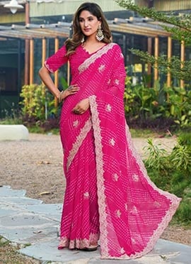 Pink Faux Georgette Embroidered Leheriya Print Saree