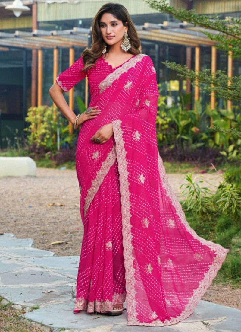 Pink Faux Georgette Embroidered Leheriya Print Saree Festive Wear
