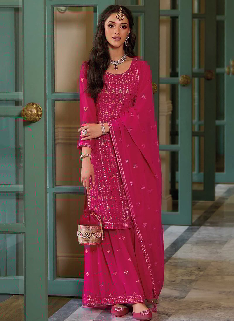 Pink Faux Georgette Embroidered Palazzo suit