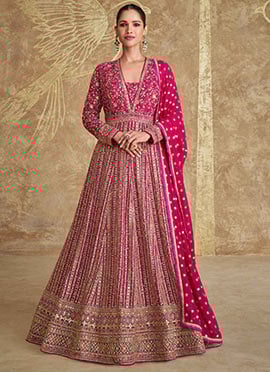 Pink Faux Georgette Embroidered Sequins A Line Anarkali Suit For Festive Season Wedding Wear