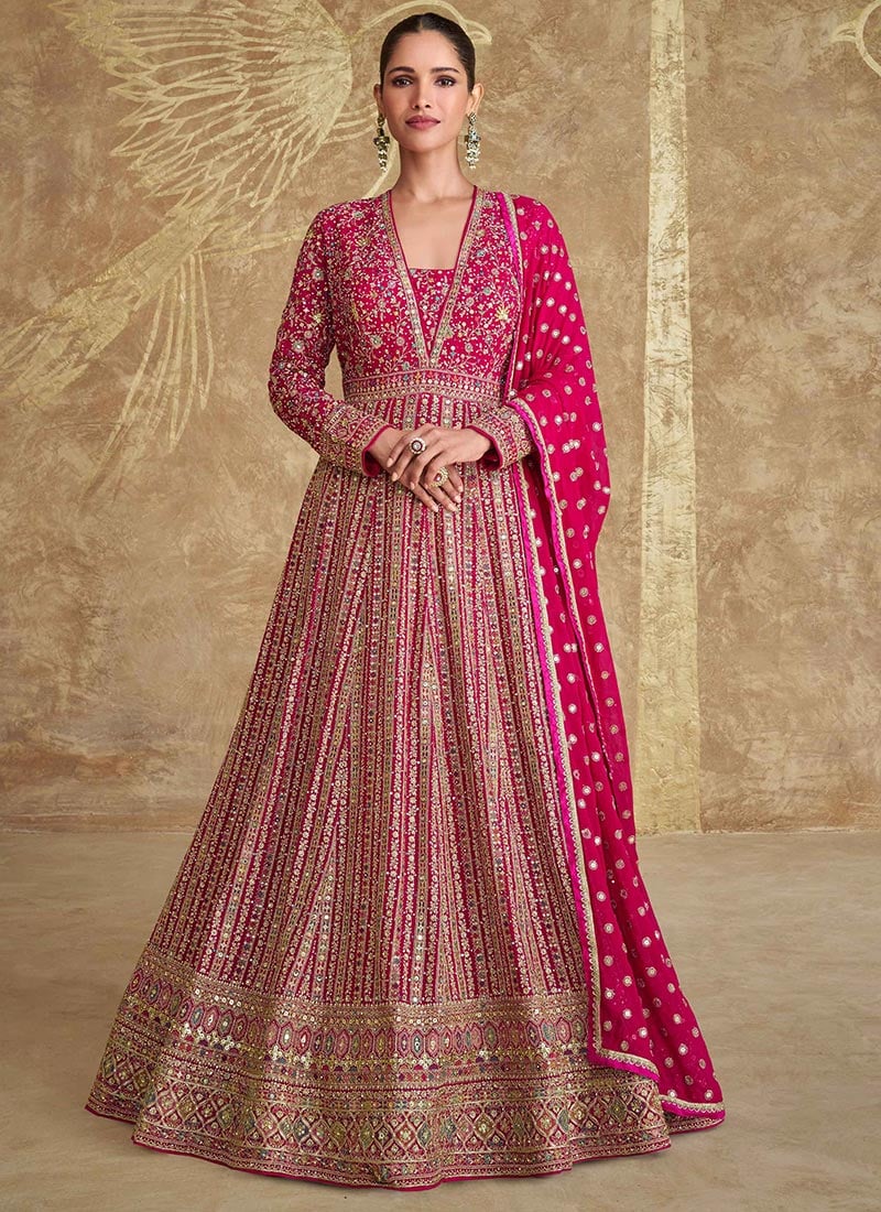 Pink Faux Georgette Embroidered Sequins A Line Anarkali Suit For Festive Season Wedding Wear