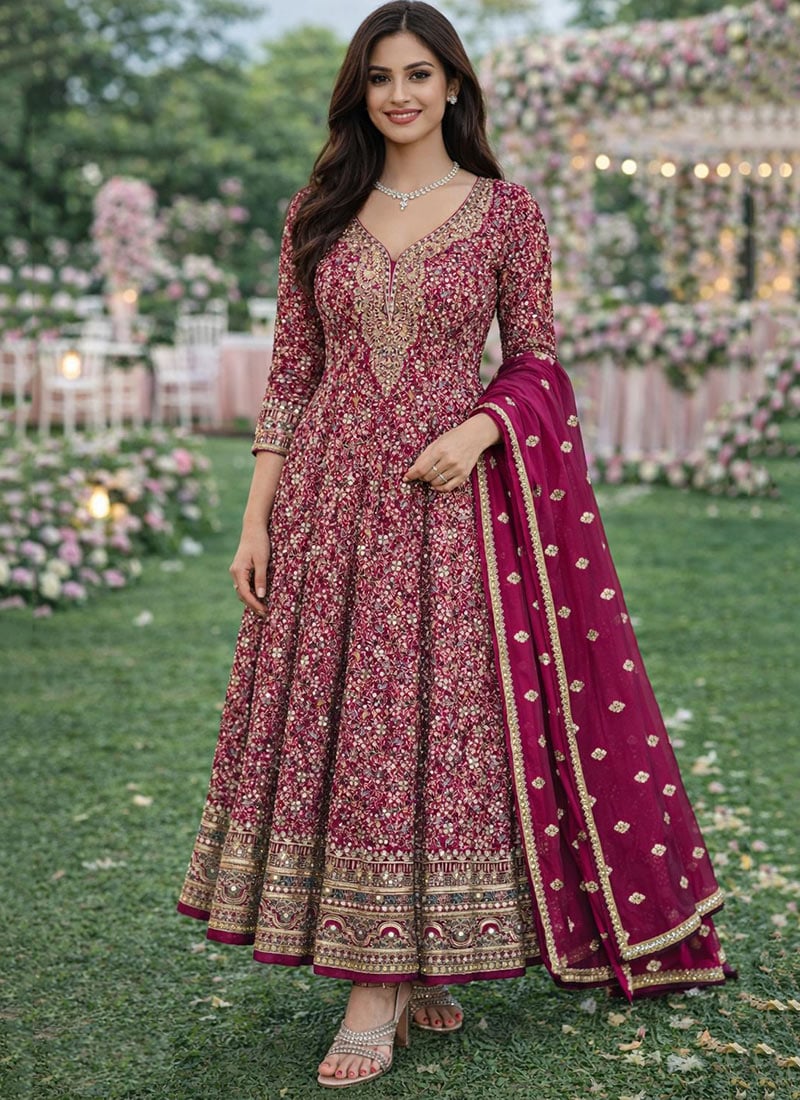 Pink Faux Georgette Embroidered Sequins A Line Anarkali Suit Festive Wear