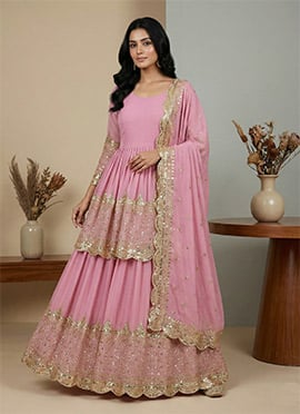 Pink Faux Georgette Embroidered Sequins A Line Lehenga