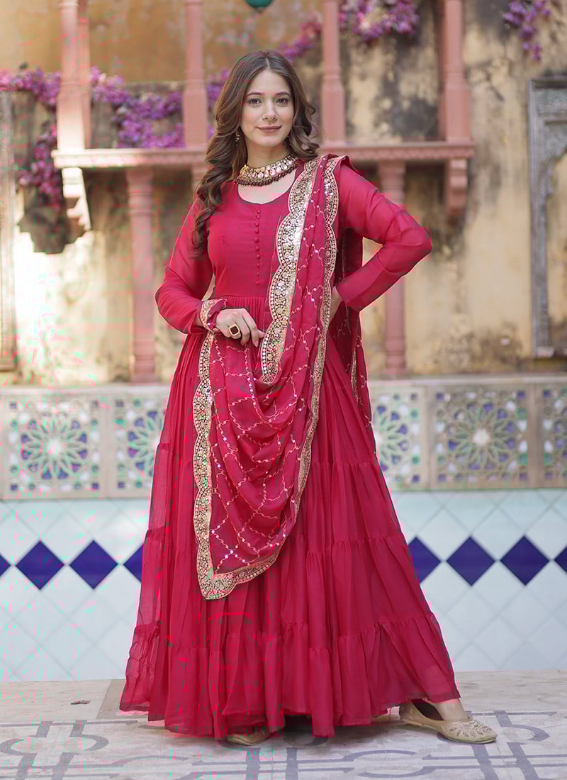 Pink Faux Georgette Embroidered Sequins Anarkali Suit