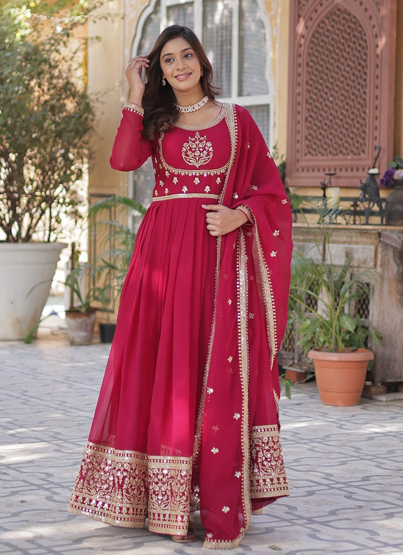 Pink Faux Georgette Embroidered Sequins Anarkali Suit Festive Wear