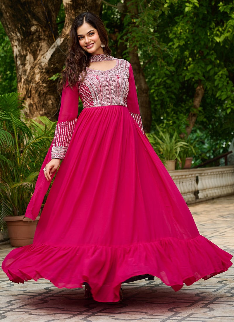 Pink Faux Georgette Embroidered Sequins Anarkali Suit Festive Wear
