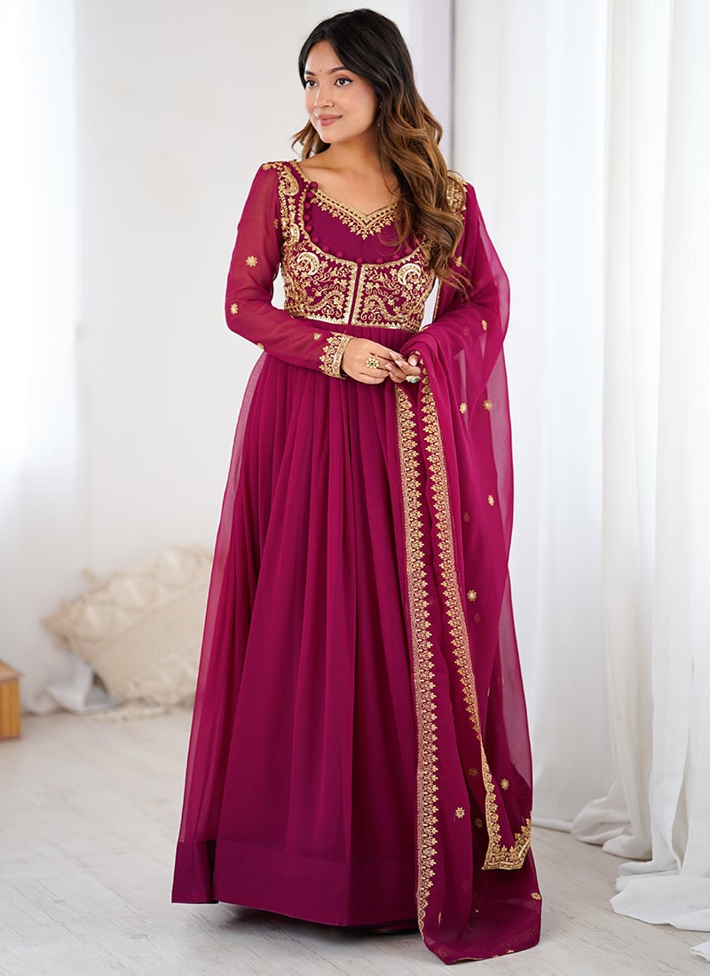 Pink Faux Georgette Embroidered Sequins Anarkali Suit Festive Wear