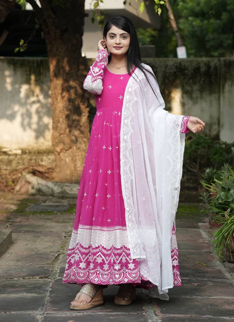 Pink Faux Georgette Embroidered Sequins Anarkali Suit Festive Wear
