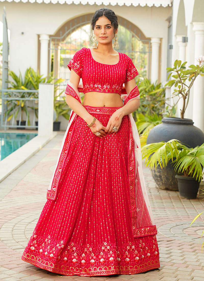 Pink Faux Georgette Embroidered Sequins Beautiful Lehenga