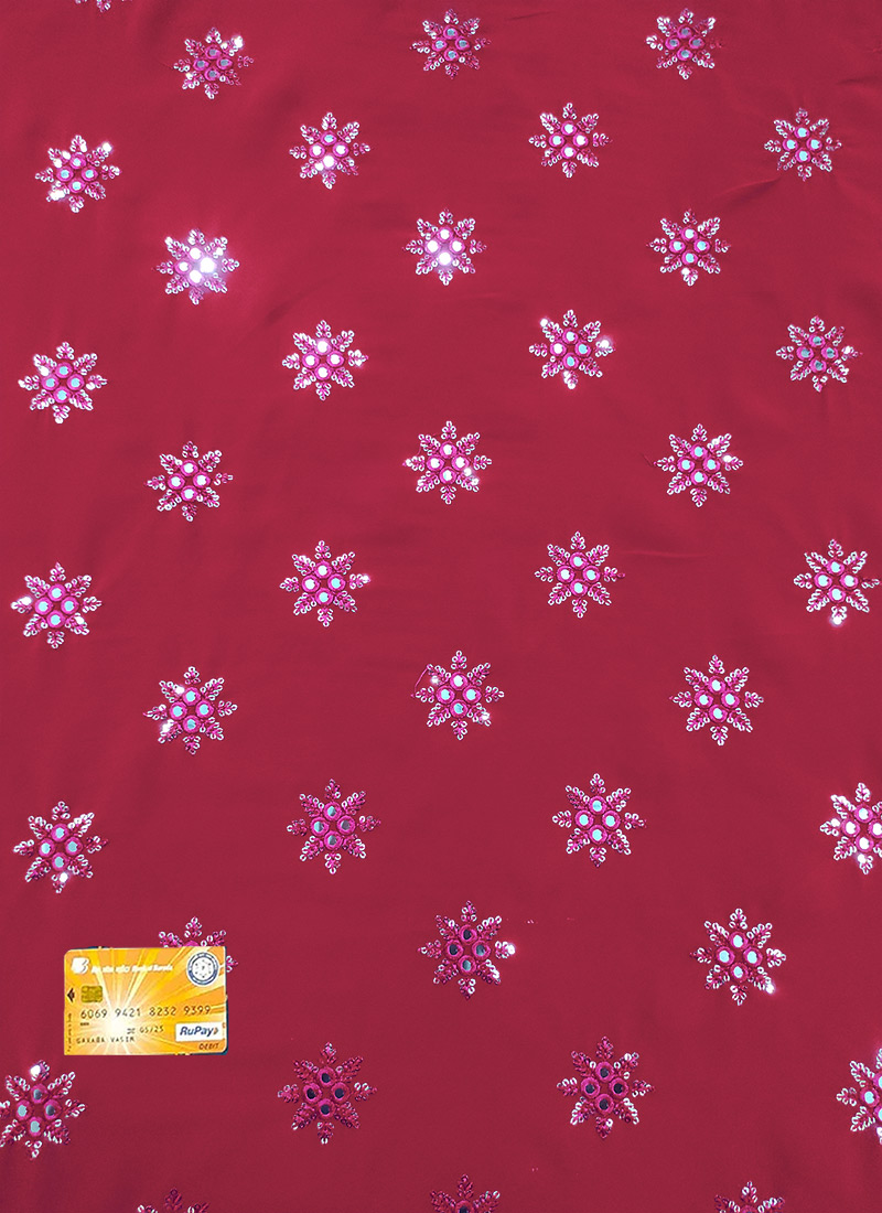 Hot Pink Faux Georgette Embroidered Sequins Fabric