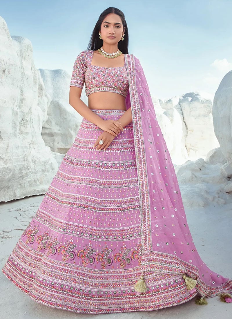 Pink Faux Georgette Embroidered Sequins Lehenga Wedding Wear