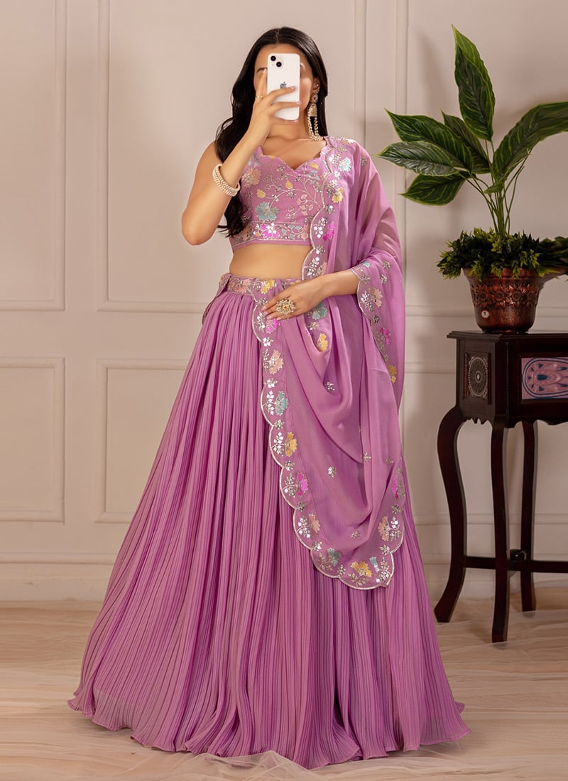 Pink Faux Georgette Embroidered Sequins Lehenga Festive Wear