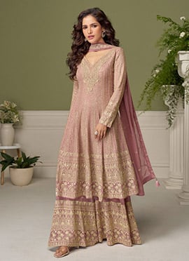 Pink Faux Georgette Embroidered Sequins Mirror Work Hand Work Palazzo Suit