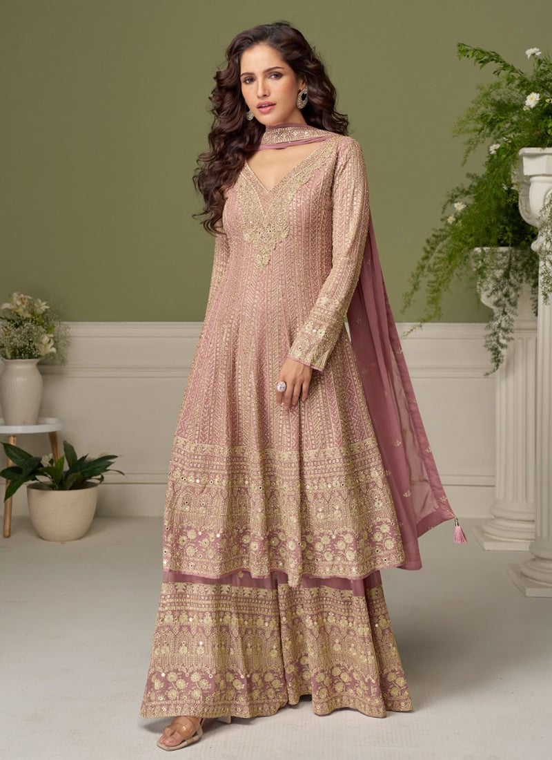 Pink Faux Georgette Embroidered Sequins Mirror Work Hand Work Palazzo Suit Festive Wear