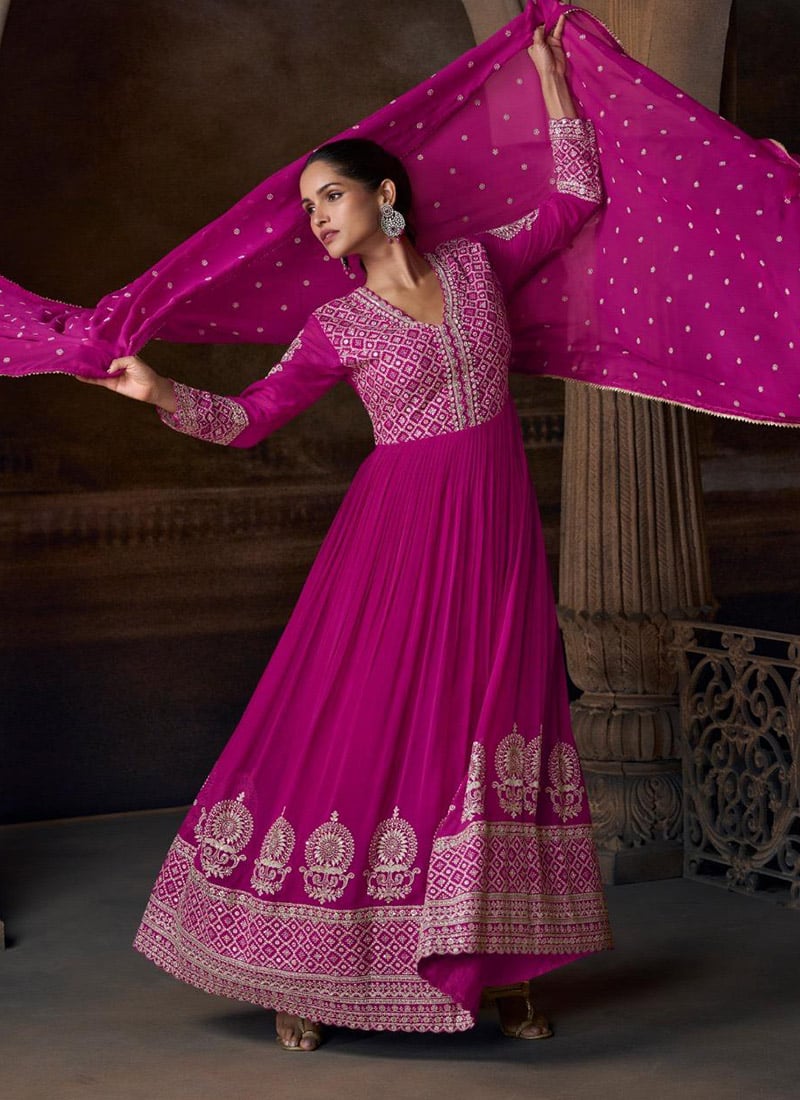 Pink Faux Georgette Embroidered Sequins Stones Beads Anarkali Suit Festive Wear