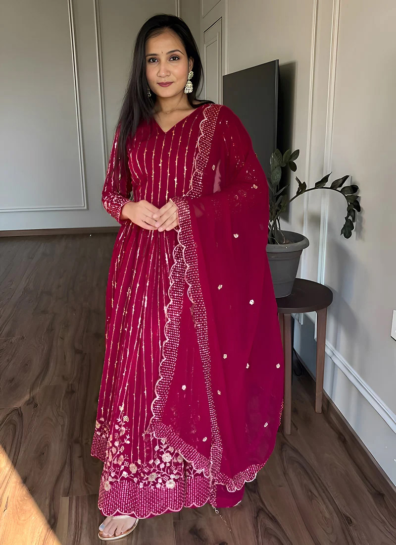 Pink Faux Georgette Embroidered Sequins Stunning Anarkali Suit Festive Wear