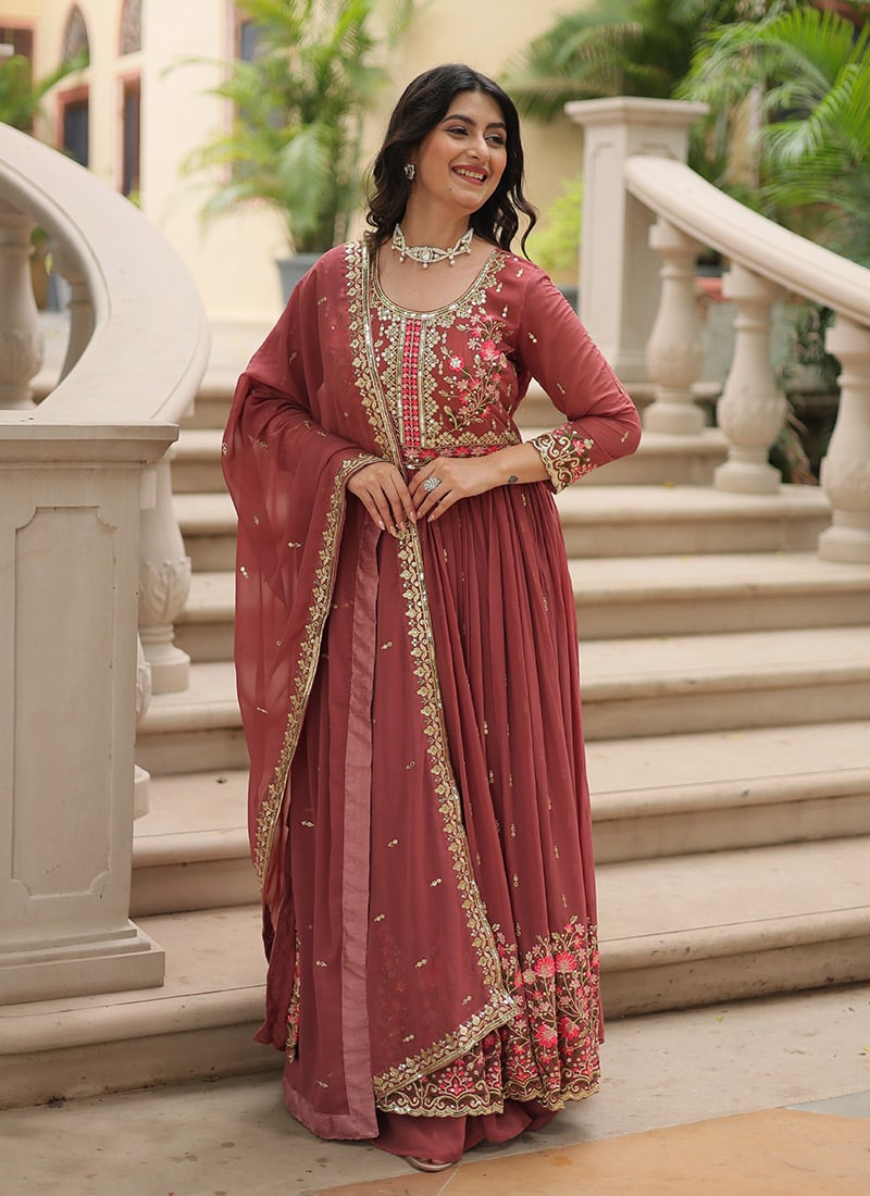 Pink Faux Georgette Embroidered Sequins Stunning Anarkali Suit