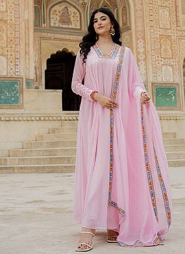 Pink Faux Georgette Embroidered Sequins Thread Anarkali Suit