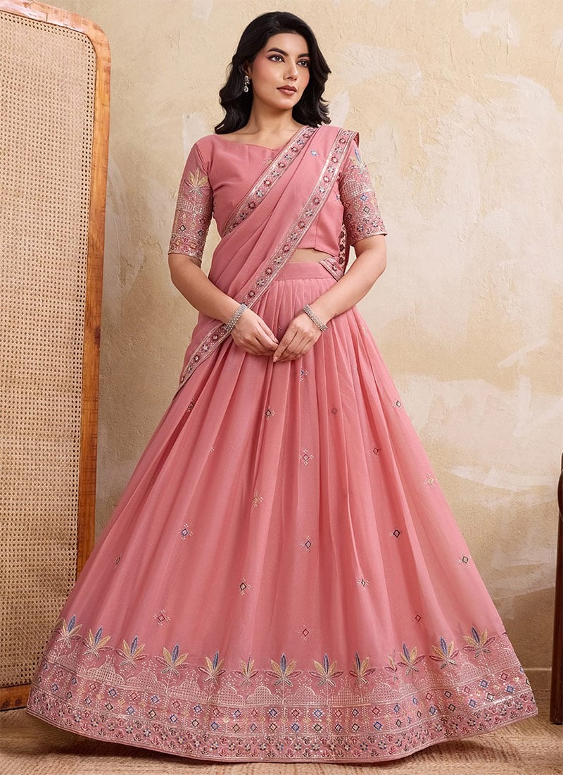 Pink Faux Georgette Embroidered Sequins Thread Umbrella Lehenga Wedding Wear