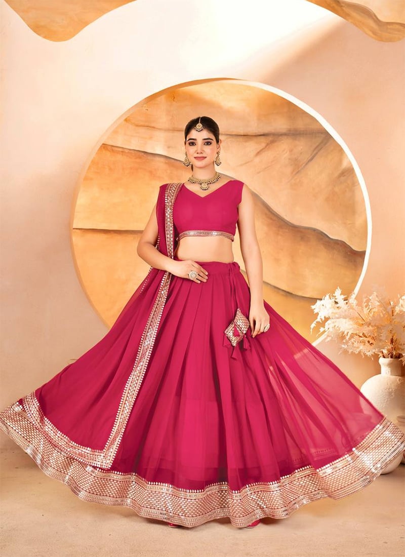 Pink Faux Georgette Embroidered Sequins With Gota Work Lehenga Festive Wear