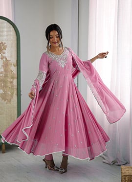 Pink Faux Georgette Embroidered Sequins With Moti Work Anarkali Suit
