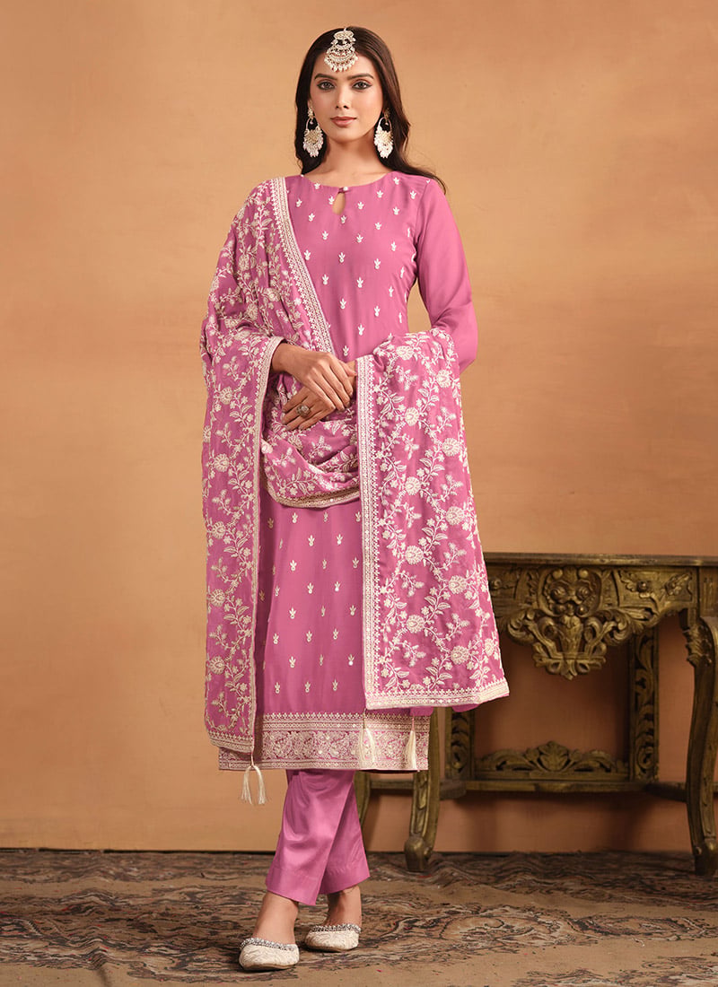 Pink Georgette Embroidered Straight Pant Suit Party Wear