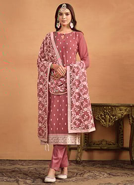 Pink Faux Georgette Embroidered Straight Pant Suit