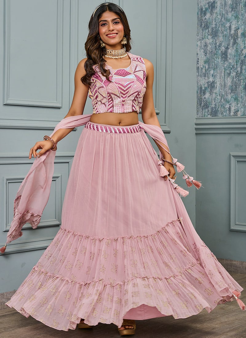 Pink Faux Georgette Embroidered Umbrella Lehenga Party Wear