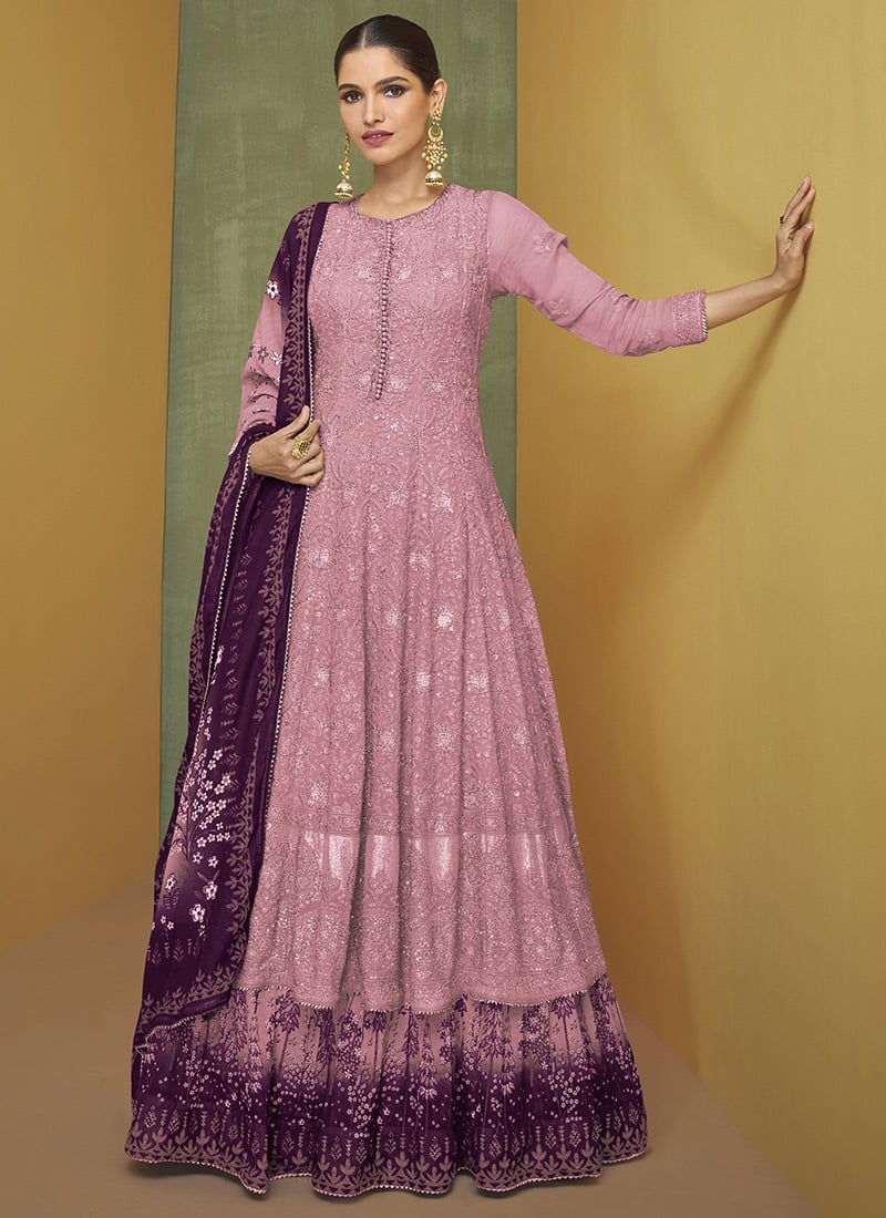 Pink Faux Georgette Embroidered Anarkali Gown Party Wear