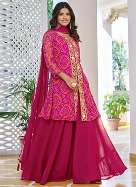 Pink Faux Georgette Embroidered With Bandhini Print And Mirror Work High Slit Palazzo Suit