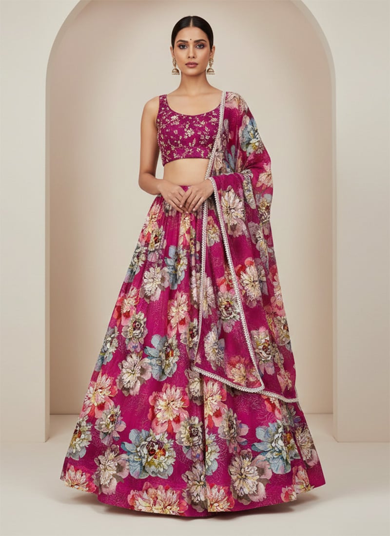 Pink Faux Georgette Floral Printed Zari Sequins Stones Hand Embroidered Lehenga Set Wedding Wear