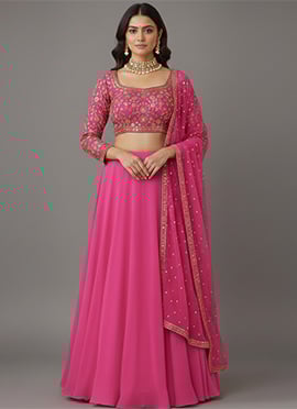 Pink Faux Georgette Foil Embroidered Zari Sequins Lehenga Set
