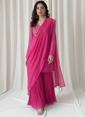 Pink Faux Georgette Foil Print Mirror Work Sharara Suit