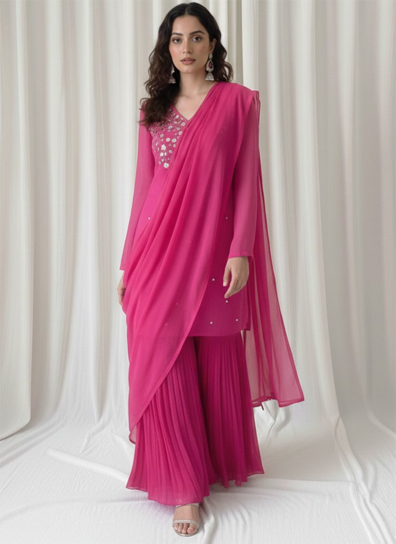 Pink Faux Georgette Foil Print Mirror Work Sharara Suit Wedding Wear