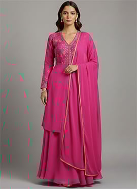 Pink Faux Georgette Foil Print Zari Long Choli Lehenga