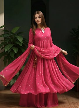 Pink Faux Georgette Hand Embroidered Moti Sequins Zari Palazzo Suit