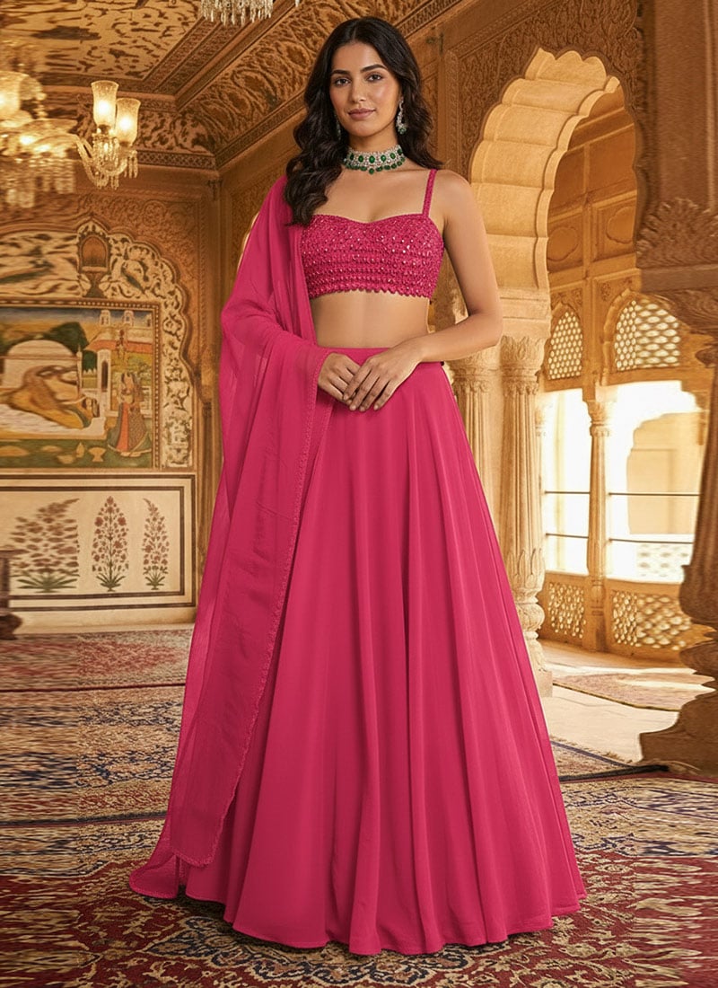 Pink Faux Georgette Hand Embroidered Sequins Elegant Lehenga Wedding Wear