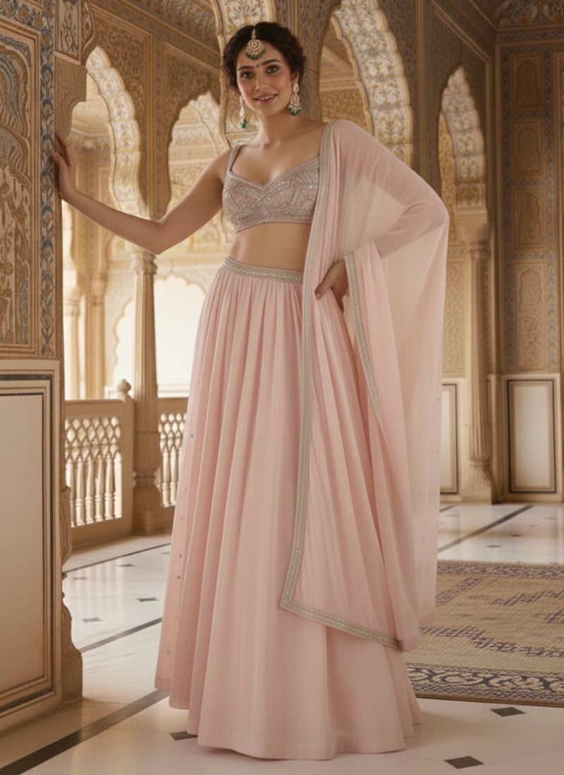 Pink Faux Georgette Hand Embroidered Sequins Lehenga