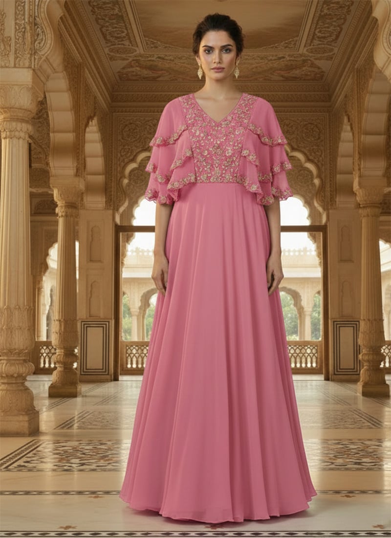 Pink Faux Georgette Hand Embroidered Sequins Stones Anarkali Gown After Six Wear