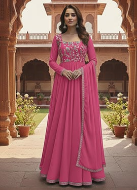 Pink Faux Georgette Hand Embroidered With Beads Work Anarkali Suit