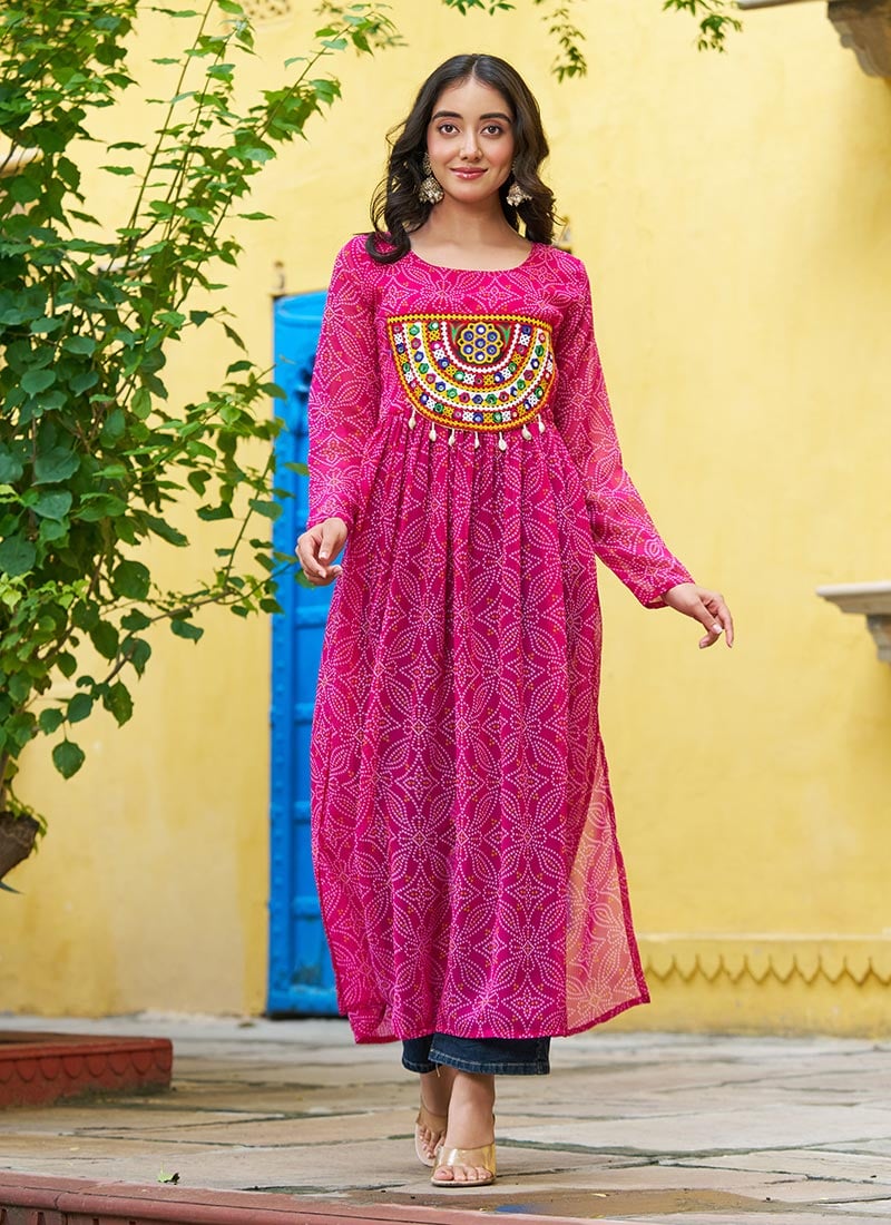 Pink Faux Georgette Kutch And Mirror Work With Bandhini Print Tunic After Six Wear
